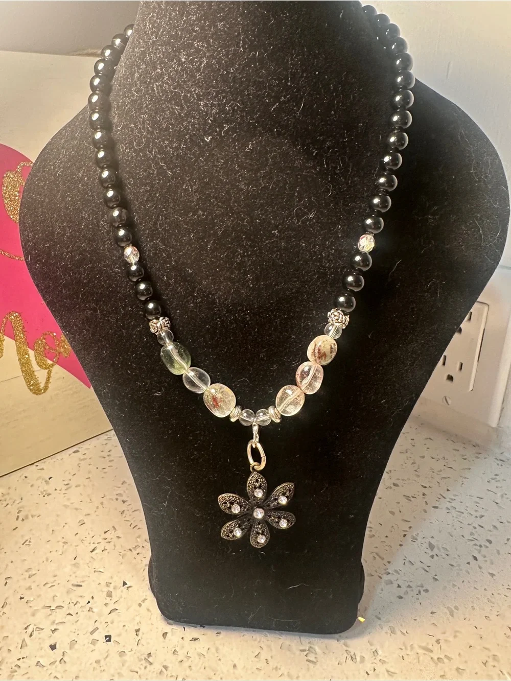 Black Beaded Necklace with Floral Crystal Pendant -  Black Onyx & Clear Quartz